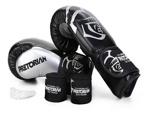 Kit Conjunto Luva Boxe Muay Thai Pretorian Preto/prata 14 oz