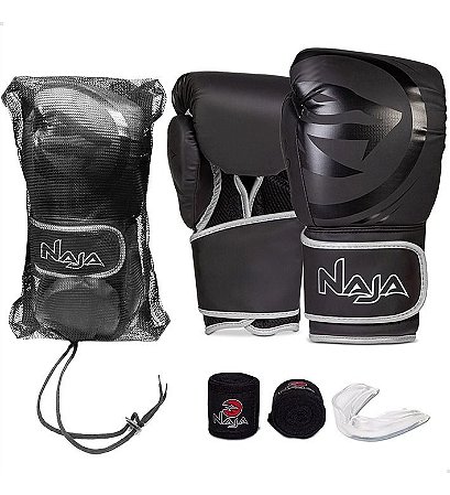 Kit Muay Thai Boxe Naja Luva Black Line Prata