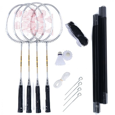 Kit Badminton Yonex GR-303 com 4 Raquetes Rede e 2 Petecas