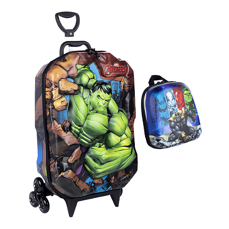 Kit Mala Infantil Avengers Hulk Diplomata Maxtoy com Rodinha Tripla + Mochila Infantil com Alça de Costas