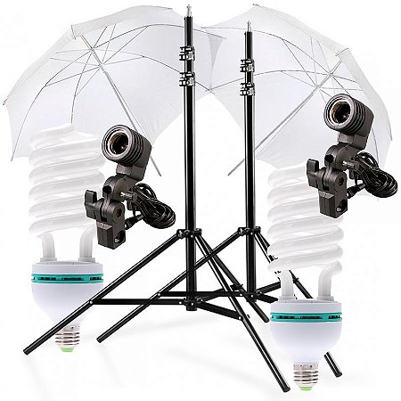 Kit de Iluminação V160 - 2 Tripés 2,5 m + 2 Suportes de Sombrinha E-27 + 2 Sombrinhas Difusoras 101 cm + 2 Lâmpadas 150W