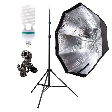 Kit de Iluminação V300 - 1 Tripé 2 m + 1 Suporte de Sombrinha E-27 + 1 Octobox 120cm + 1 Lâmpada 150W