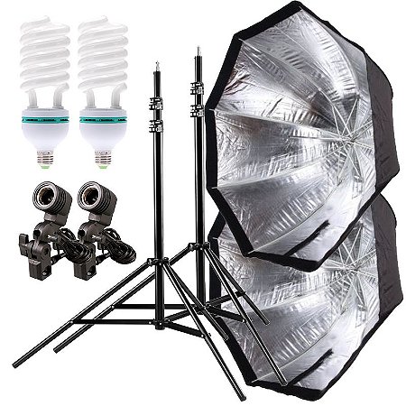 Kit de Iluminação V360 - 2 Tripés 2,5 m + 2 Suportes de Sombrinha E-27 + 2 Octobox 120cm + 2 Lâmpadas 150W