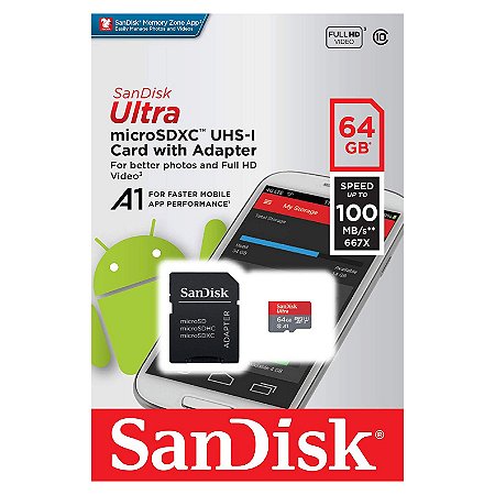 Cartão de Memória SanDisk 64GB UHS-I A1 Ultra Classe 10 microSDXC - 100mb/s