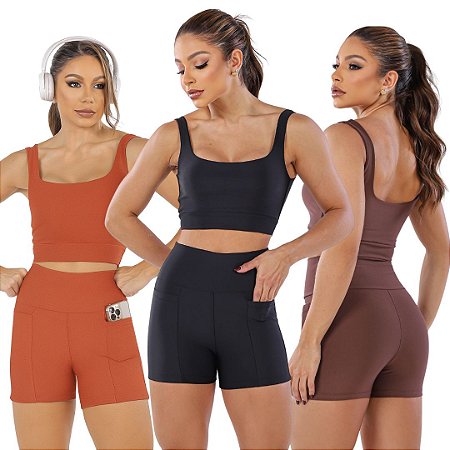 Conjunto short bolso fitness