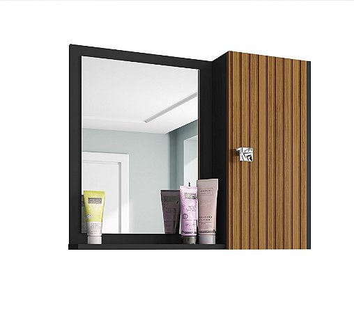 Armário de Banheiro Com Espelho Porta e Prateleira Cor Preto Ripado - Emes  Móveis Sua Loja de Móveis