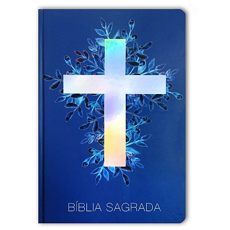 BÍBLIA NA63M CRUZ PRATA Letra normal CAPA DURA AZUL