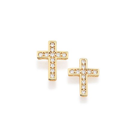 BRINCO FOLHEADO A OURO FORMATO CRUZ COM ZIRCÔNIAS. MED 1,2CM ROMMANEL 524604