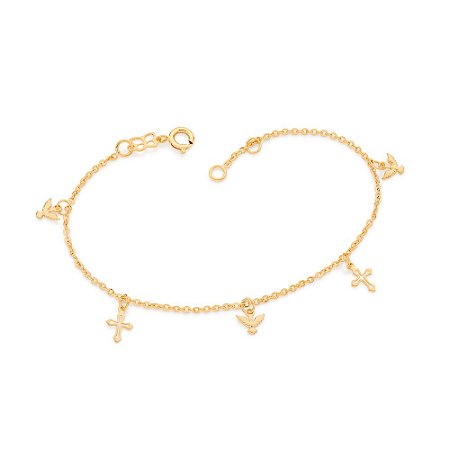 PULSEIRA FOLHEADO A OURO COM PINGENTES ESPÍRITO SANTO E CRUZ. MED 19CM ROMMANEL 551724