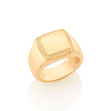 ANEL MASCULINO FOLHEADO A OURO QUADRADO COM DETALHES ROMMANEL 513002