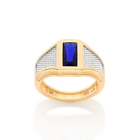 ANEL MASCULINO FOLHEADO A OURO COM CRISTAL AZUL E APLIQUE DE RHODIUM ROMMANEL 513003