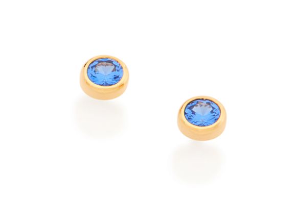 BRINCO INFANTIL SOLITÁRIO FOLHEADO A OURO COM ZIRCÔNIA AZUL. MED 0,20CM ROMMANEL 526384