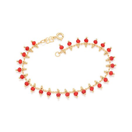 PULSEIRA FOLHEADO A OURO COM MIÇANGAS VERMELHO. MED 18CM ROMMANEL 551738