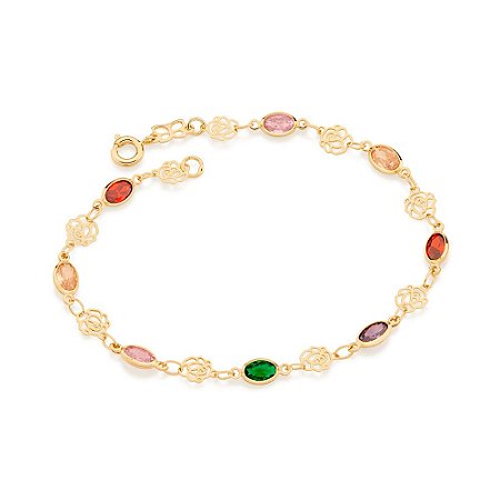 PULSEIRA FOLHEADO A OURO CRISTAIS COLORIDOS. MED 20CM ROMMANEL 551733