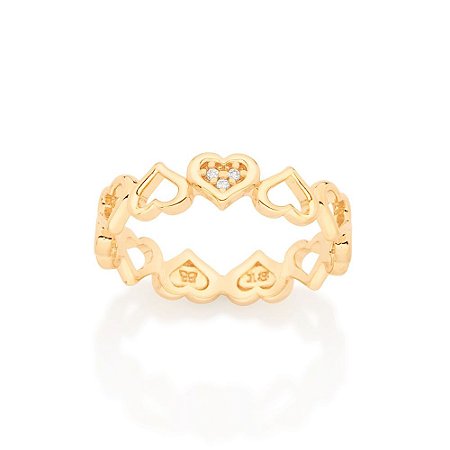 ANEL FOLHEADO A OURO CORAÇÃO COM ZIRCÔNIAS ROMMANEL 513010