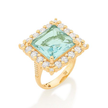 MAXI ANEL FOLHEADO A OURO CRISTAL QUADRADO AZUL CLARO ROMMANEL 512970