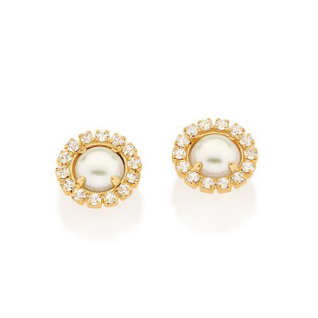 BRINCO FOLHEADO A OURO CRISTAIS COM PÉROLA. MED 1,3CM ROMMANEL 524288