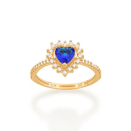 ANEL SOLITÁRIO FOLHEADO A OURO CORAÇÃO COM CRISTAL AZUL ROMMANEL 512971