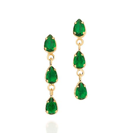 BRINCO GOTA FOLHEADO A OURO CRISTAIS VERDE. MED 2,6CM ROMMANEL 526746