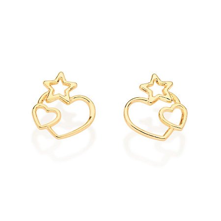 BRINCO FOLHEADO A OURO CORAÇÃO COM ESTRELA VAZADO. MED 1CM ROMMANEL 526801