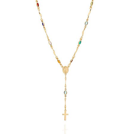 COLAR TERÇO FOLHEADO A OURO COM PEDRAS COLORIDAS. MED 46CM ROMMANEL 530829