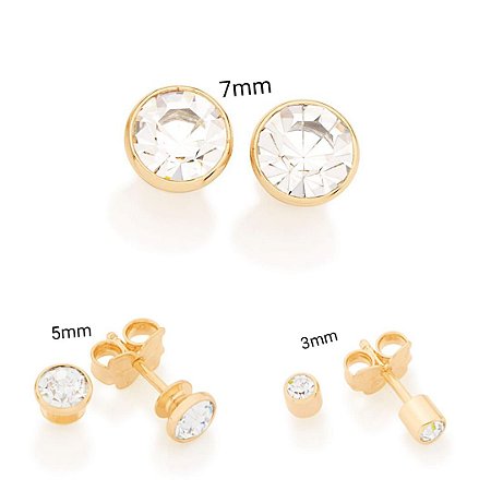 TRIO DE BRINCOS FOLHEADO A OURO CRISTAL BRANCO ROMMANEL