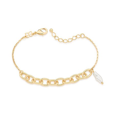 PULSEIRA FOLHEADO A OURO COM ELOS E 1 PÉROLA BARROCA. MED 20CM ROMMANEL 552030