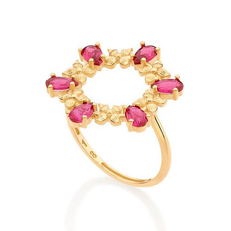 MAX ANEL FOLHEADO A OURO FLORES COM ZIRCÔNIAS ROSA ESCURO ROMMANEL 513301