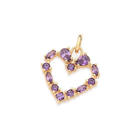 PINGENTE FOLHEADO A OURO CORAÇÃO COM ZIRCÔNIAS LILÁS. MED 3CM ROMMANEL 542634