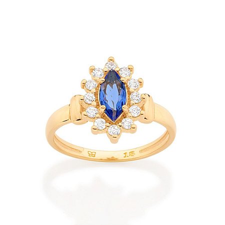 ANEL DE FORMATURA FOLHEADO A OURO COM ZIRCÔNIAS E CRISTAL BRANCO COM AZUL ROMMANEL 513286