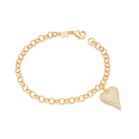 PULSEIRA ELO PORTUGUÊS FOLHEADO A OURO CORAÇÃO COM ZIRCÔNIAS. MED 19CM ROMMANEL 552067