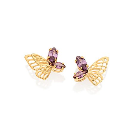 BRINCO FOLHEADO A OURO BORBOLETA COM ZIRCÔNIA LILÁS. MED 1,3CM ROMMANEL 527074