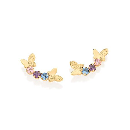 BRINCO FOLHEADO A OURO BORBOLETAS COM ZIRCÔNIAS COLORIDAS. MED 1,9CM ROMMANEL 527067