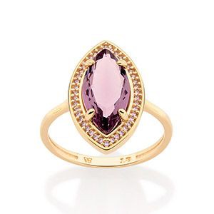 ANEL FOLHEADO A OURO NAVETE COM ZIRCÔNIAS BRANCO COM LILÁS ROMMANEL 513319