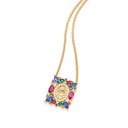 GARGANTILHA FOLHEADO A OURO CORAÇÃO DE JESUS COM ZIRCÔNIAS COLORIDAS. MED 50CM ROMMANEL 532406