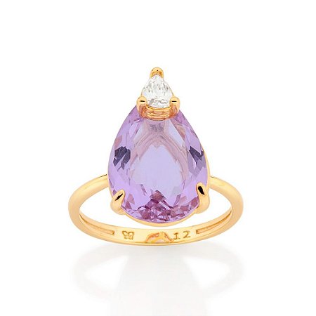 ANEL FOLHEADO A OURO GOTA DE CRISTAL LILÁS ROMMANEL 513332