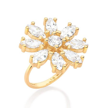 MAXI ANEL FLOR FOLHEADO A OURO COM ZIRCÔNIAS ROMMANEL 513342