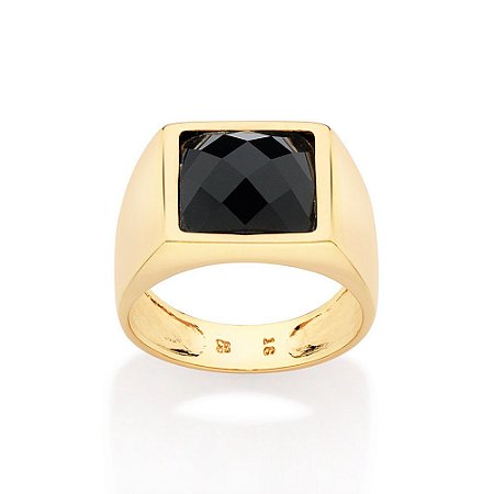 ANEL MASCULINO FOLHEADO A OURO CRISTAL PRETO ROMMANEL 513366