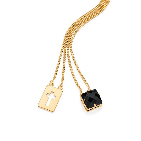 ESCAPULÁRIO MASCULINO FOLHEADO A OURO COM CRUZ E CRISTAL PRETO. MED 68CM ROMMANEL 532454