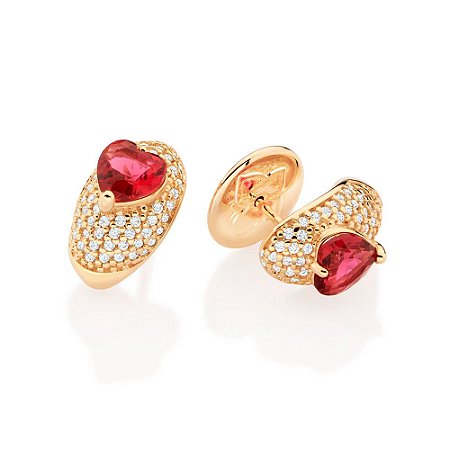 BRINCO FOLHEADO A OURO COM ZIRCÔNIA E CRISTAL CORAÇÃO ROSA. MED 1,4CM ROMMANEL 527169