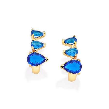BRINCO CURVADO GOTA FOLHEADO A OURO COM CRISTAIS AZUL. MED 1,5CM ROMMANEL 527210