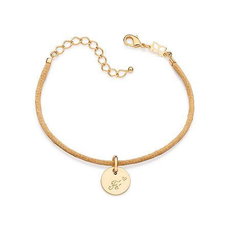PULSEIRA FOLHEADO A OURO TE DEDICO COM FIO ACETINADO AMARELO E PINGENTE FÉ. MED 20CM ROMMANEL 552116