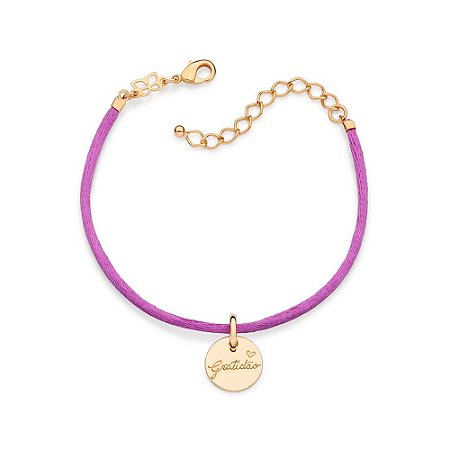 PULSEIRA FOLHEADO A OURO TE DEDICO COM FIO ACETINADO LILÁS E PINGENTE GRATIDÃO. MED 20CM ROMMANEL 552117