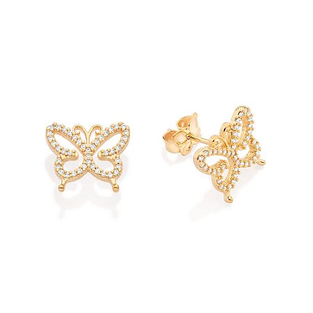 BRINCO FOLHEADO A OURO BORBOLETA COM ZIRCÔNIAS. MED 1,2CM ROMMANEL 527235