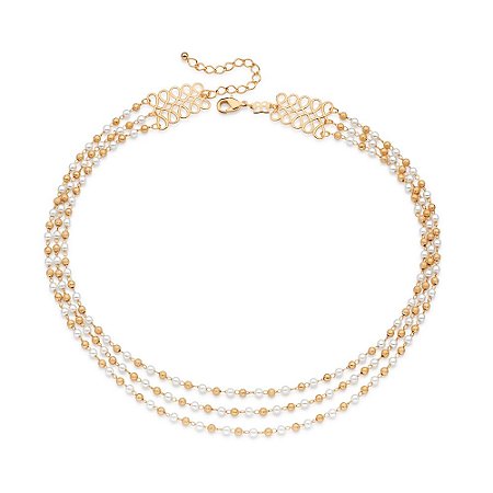 COLAR TRIPLO FOLHEADO A OURO COM PÉROLAS E ESFERAS. MED 45CM ROMMANEL 532508