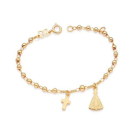 PULSEIRA INFANTIL FOLHEADO A OURO CRUZ COM NOSSA SENHORA APARECIDA. MED 16CM ROMMANEL 552133