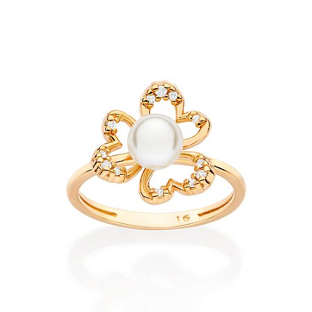 ANEL FOLHEADO A OURO FLOR COM PÉROLA ROMMANEL 513436