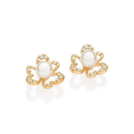 BRINCO FLOR FOLHEADO A OURO COM ZIRCÔNIAS E PÉROLA. MED 1,3CM ROMMANEL 527240