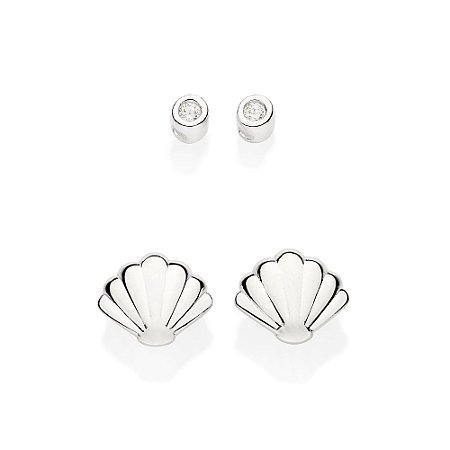 KIT BRINCOS PRATA 925 CONCHA COM ZIRCÔNIA ROMMANEL 820163