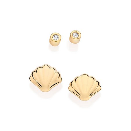 KIT BRINCOS FOLHEADO A OURO CONCHA COM ZIRCÔNIA ROMMANEL 527295